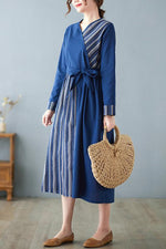 Load image into Gallery viewer, V-neck Striped Panel Long Dress