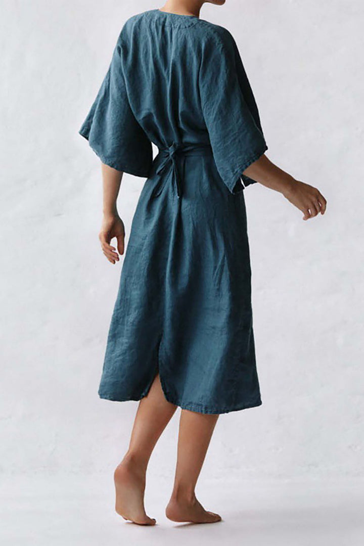 Linen Slim V-Neck Dolman Sleeve Dress leemho