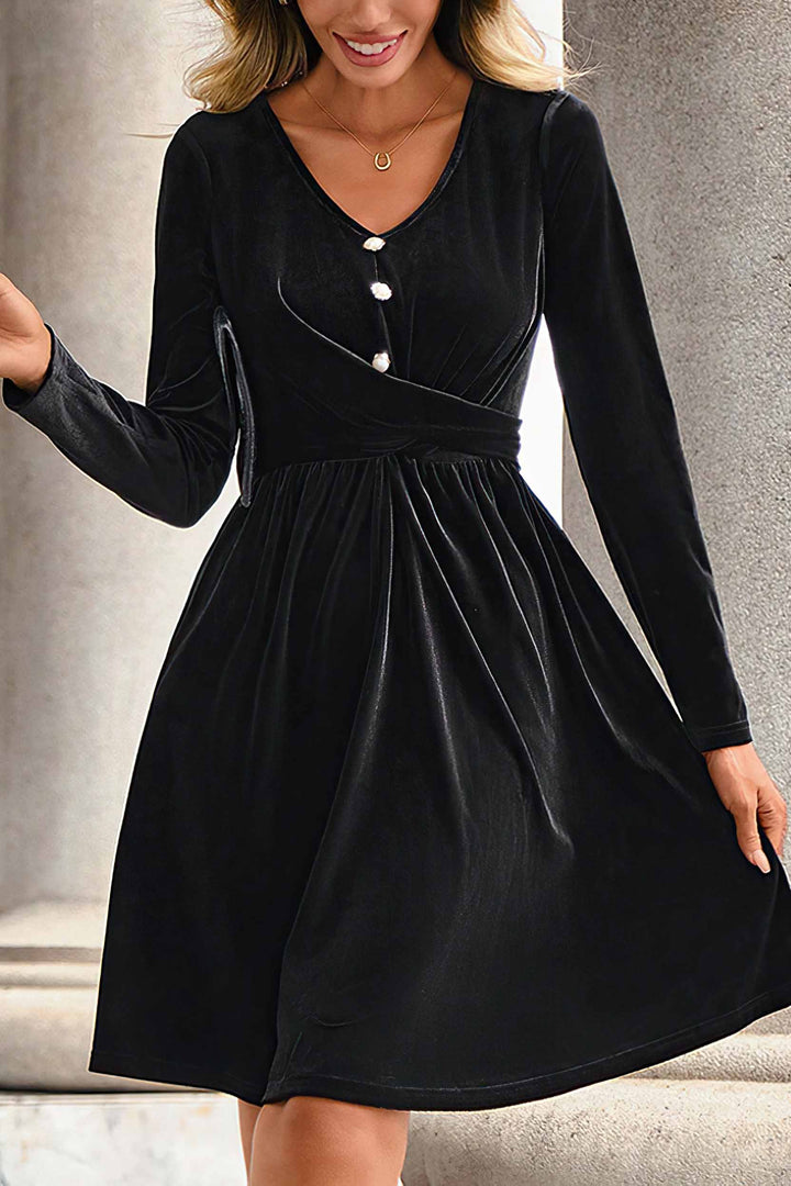 Black V-neck Elegant Velvet Dress