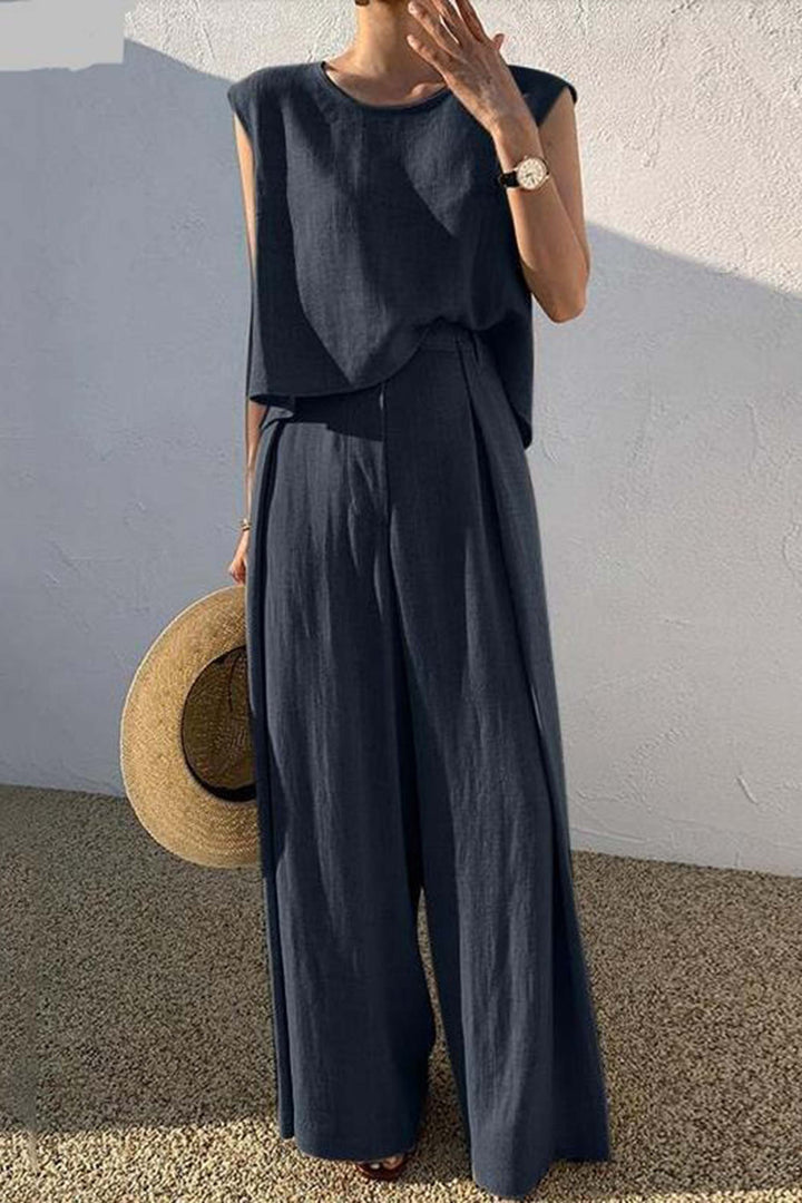 Cotton And Linen Casual Sleeveless Tops And Loose Wide-Leg Pants Two-Piece Set