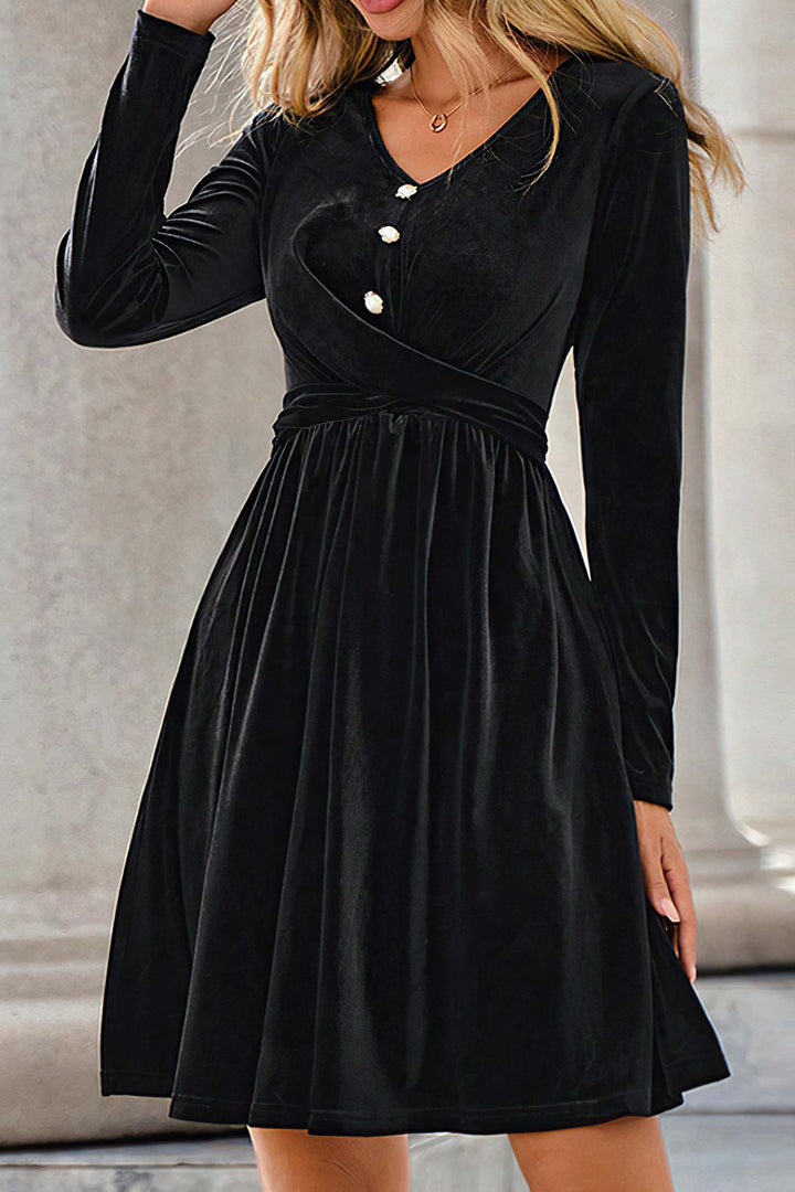 Black V-neck Elegant Velvet Dress