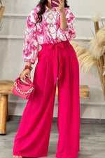 Load image into Gallery viewer, Printed Shirt High Waist Lace-up Pants Set leemho