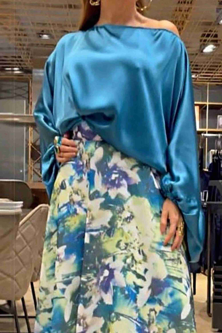Bubble Sleeve Top High Waist Print Skirt Two-piece Suit leemho