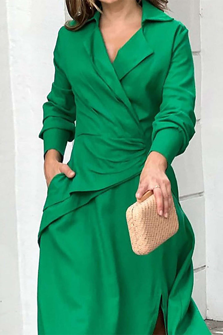Green Lapel Plus Size Commuter Dress leemho