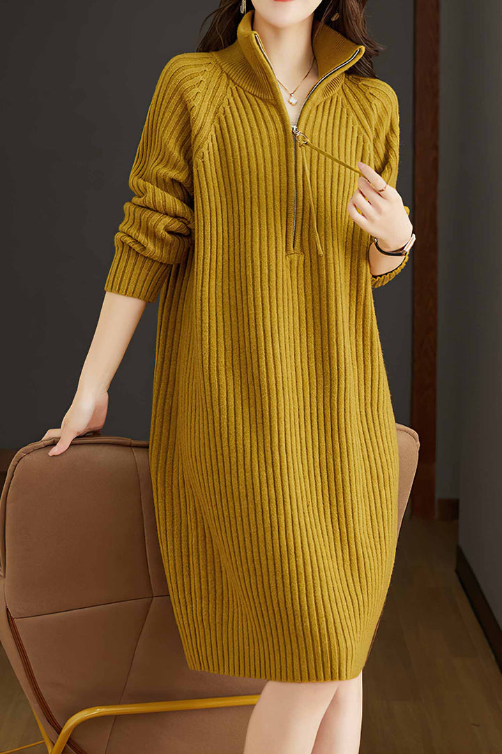 Half-Zip Casual Long-Sleeved Stand-Collar Knitted Dress